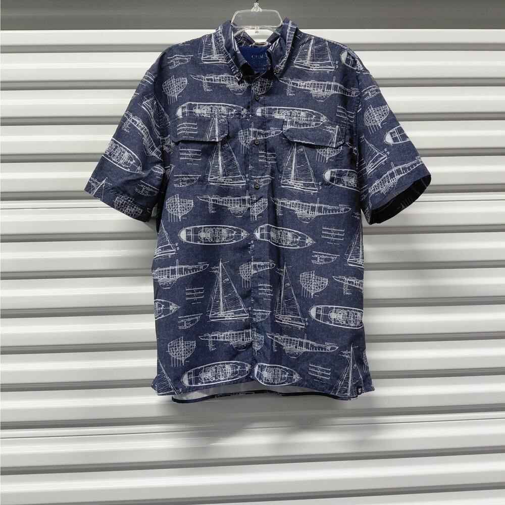 Chaps Ralph Lauren Men Shirt XXL Blue Nautical Print Casual Short Sleeve Preppy